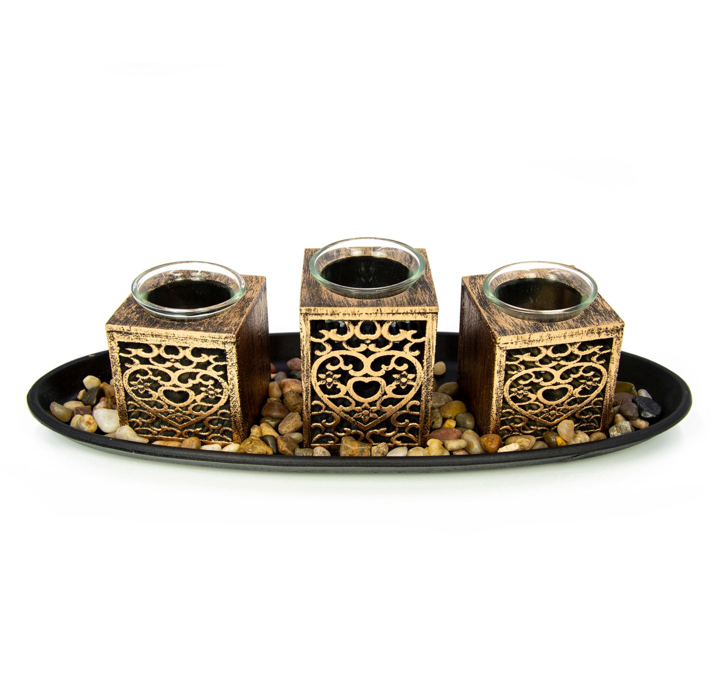 Windlichte - Teelicht Set mit Tablett und Dekosteinen - Windlichter für Drinnen