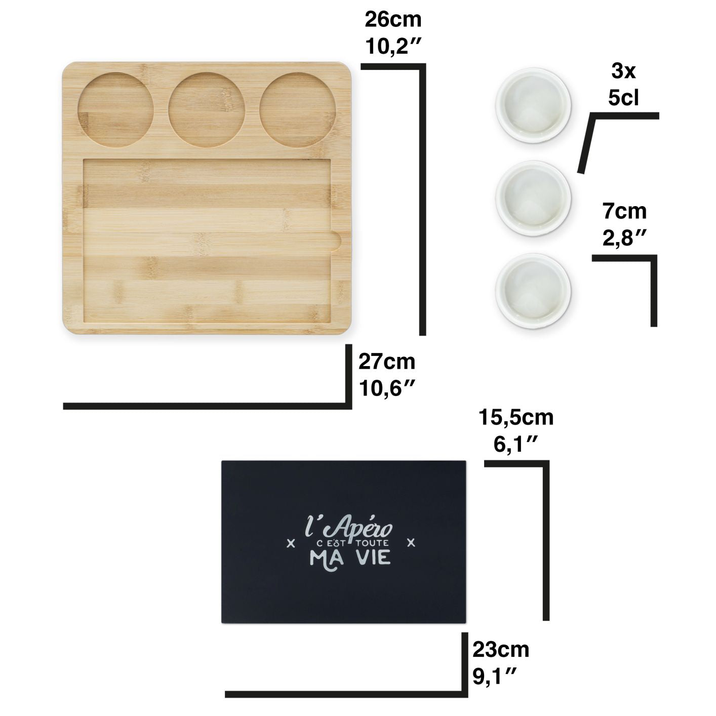 Servierplatte Holz groß rechteckig mit Dip Schälchen