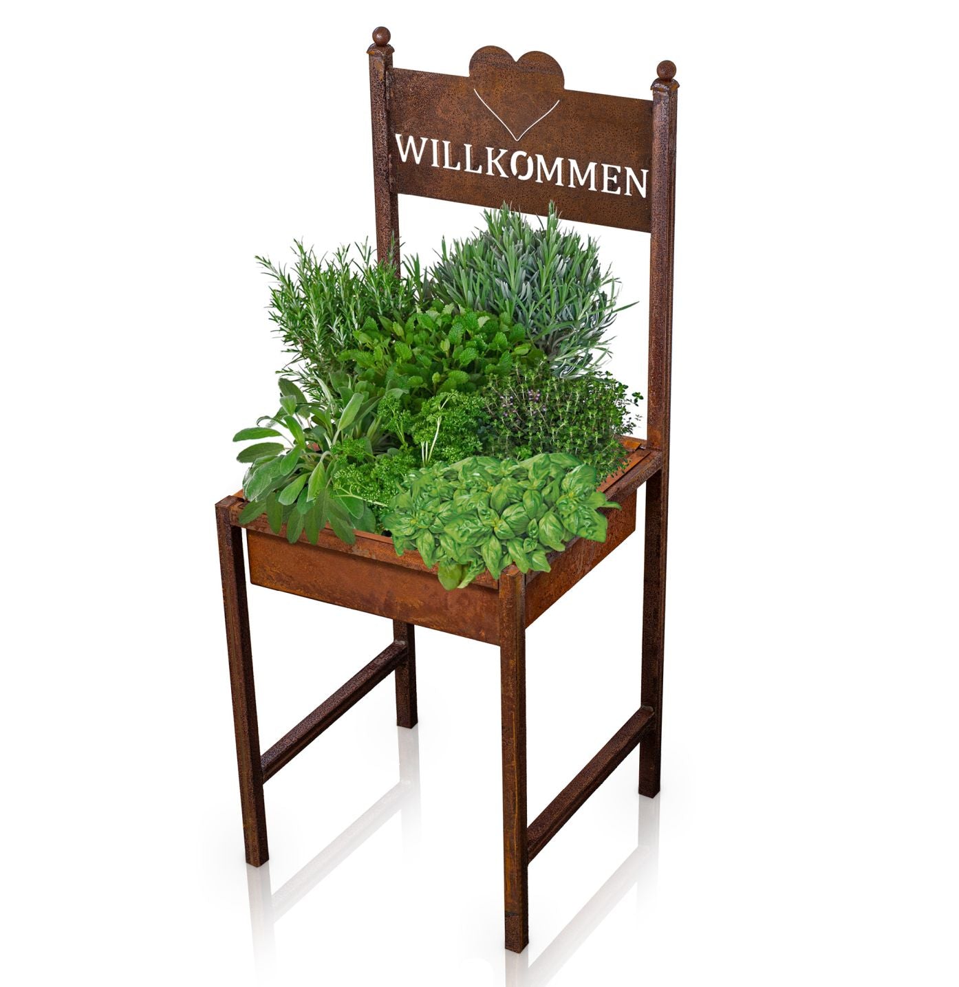 Rost Deko für Garten Metallstuhl Willkommen Gartendeko Rostoptik Pflanzschale