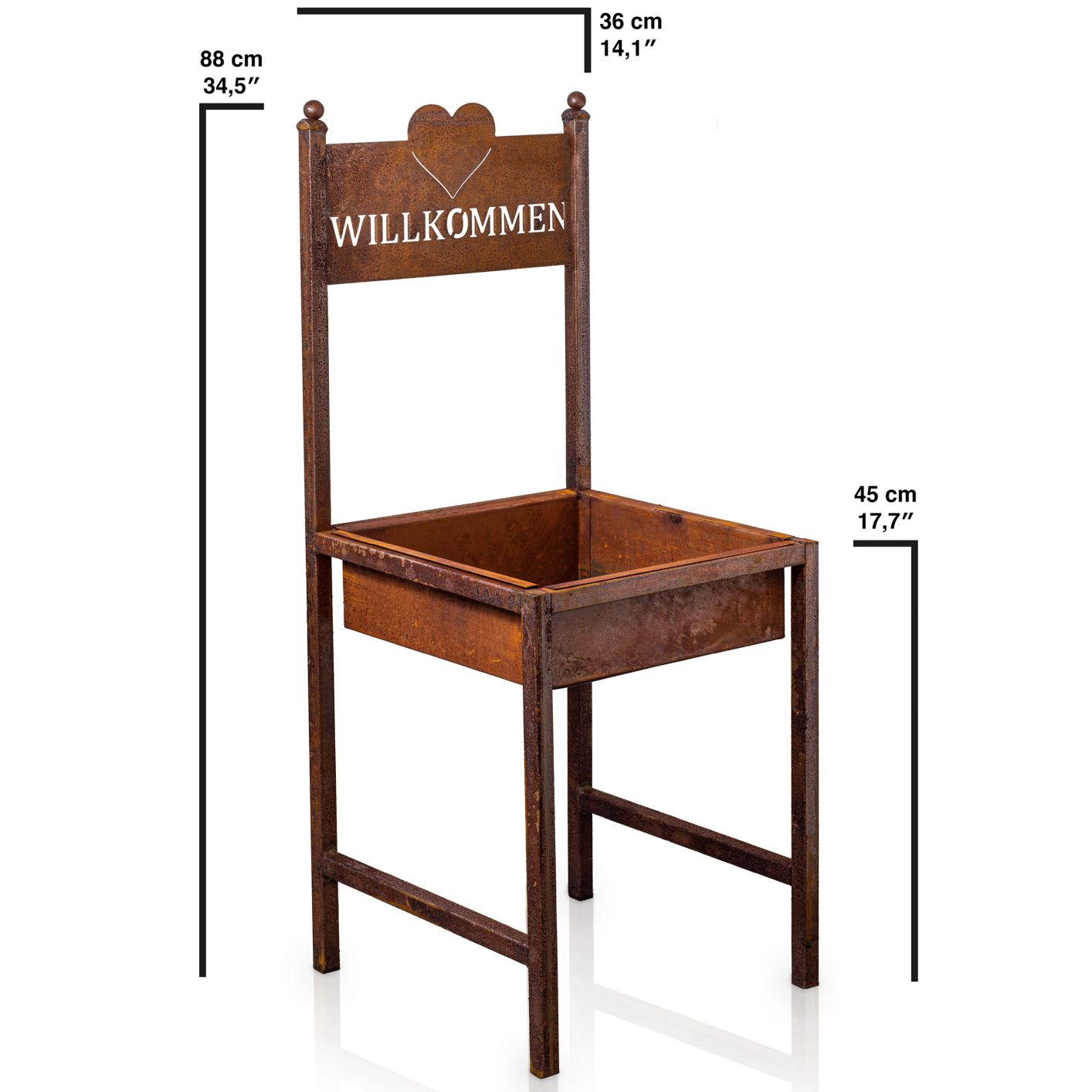 Rost Deko für Garten Metallstuhl Willkommen Gartendeko Rostoptik Pflanzschale