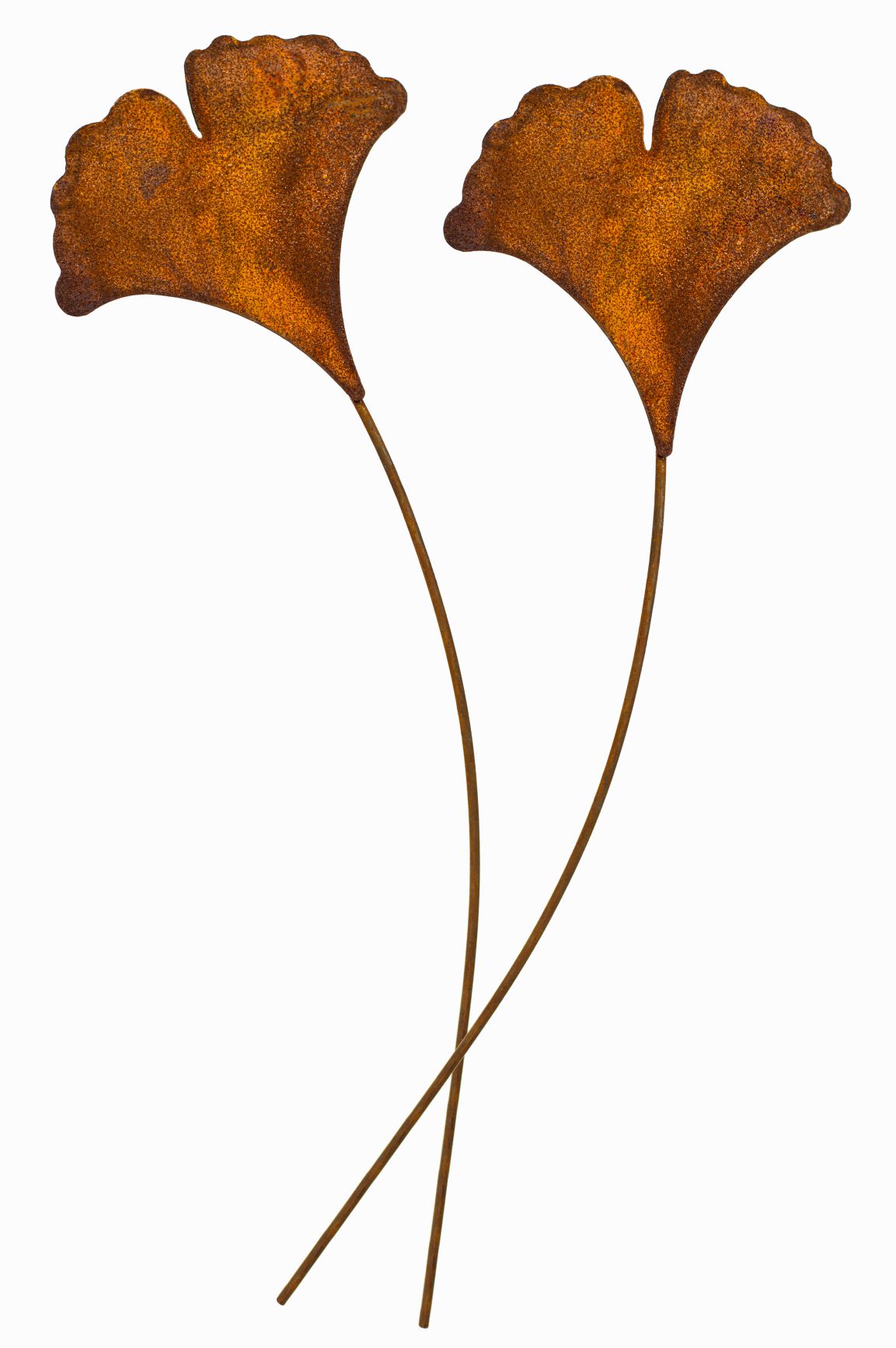 2 kleine Metall Edelrost Gartenstecker Ginko