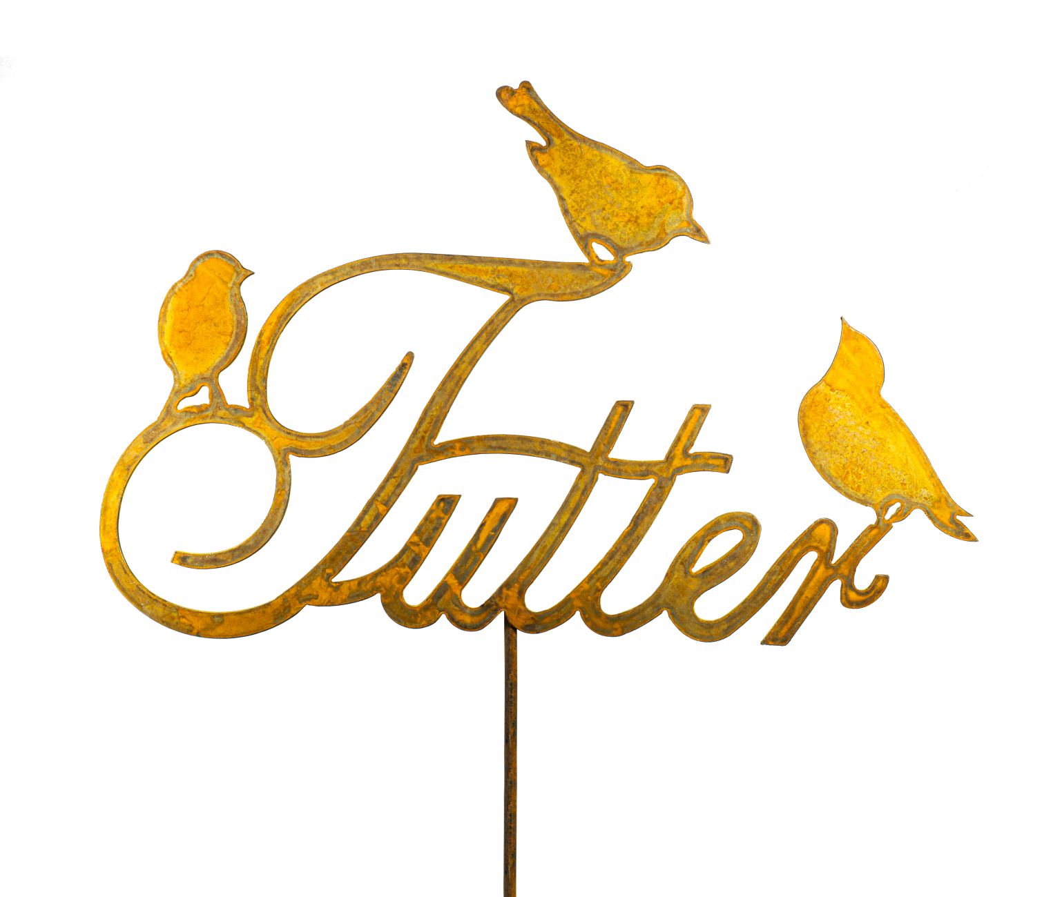 Edelrost Stecker mit Schriftzug "Futter" und 3 Vögeln