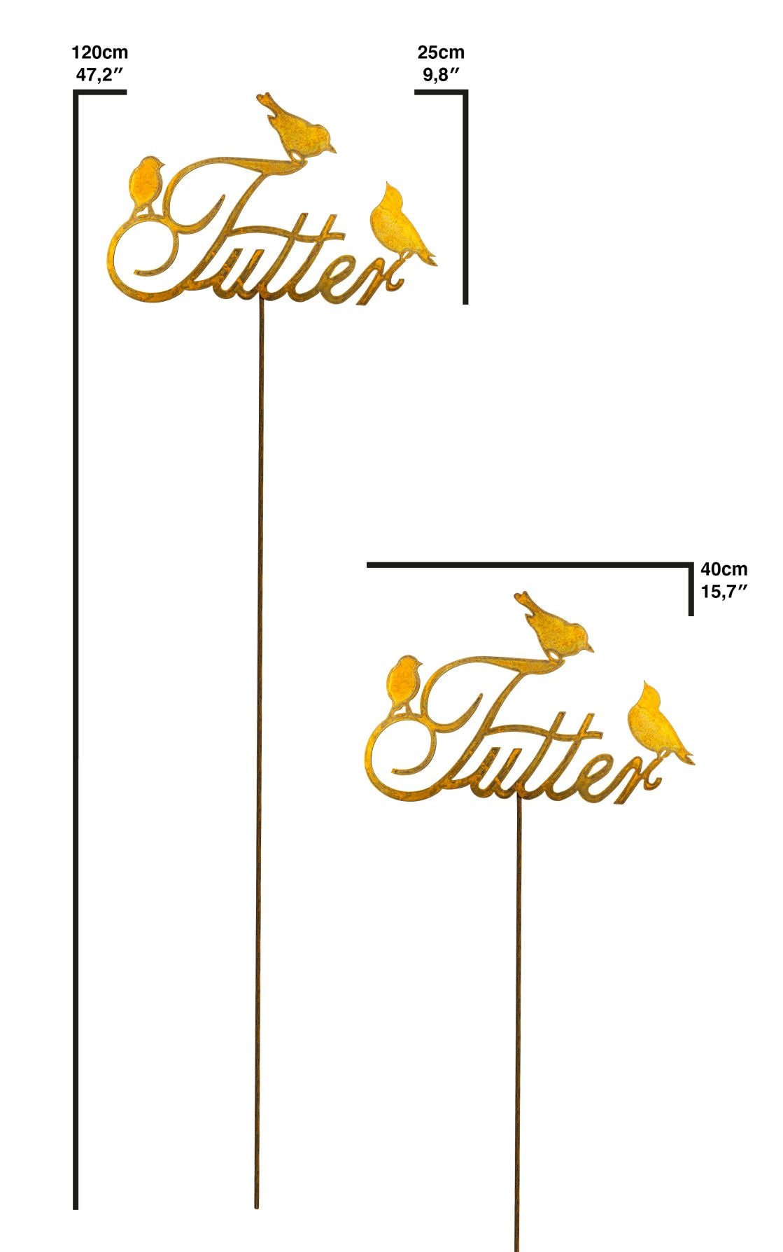 Edelrost Stecker mit Schriftzug "Futter" und 3 Vögeln
