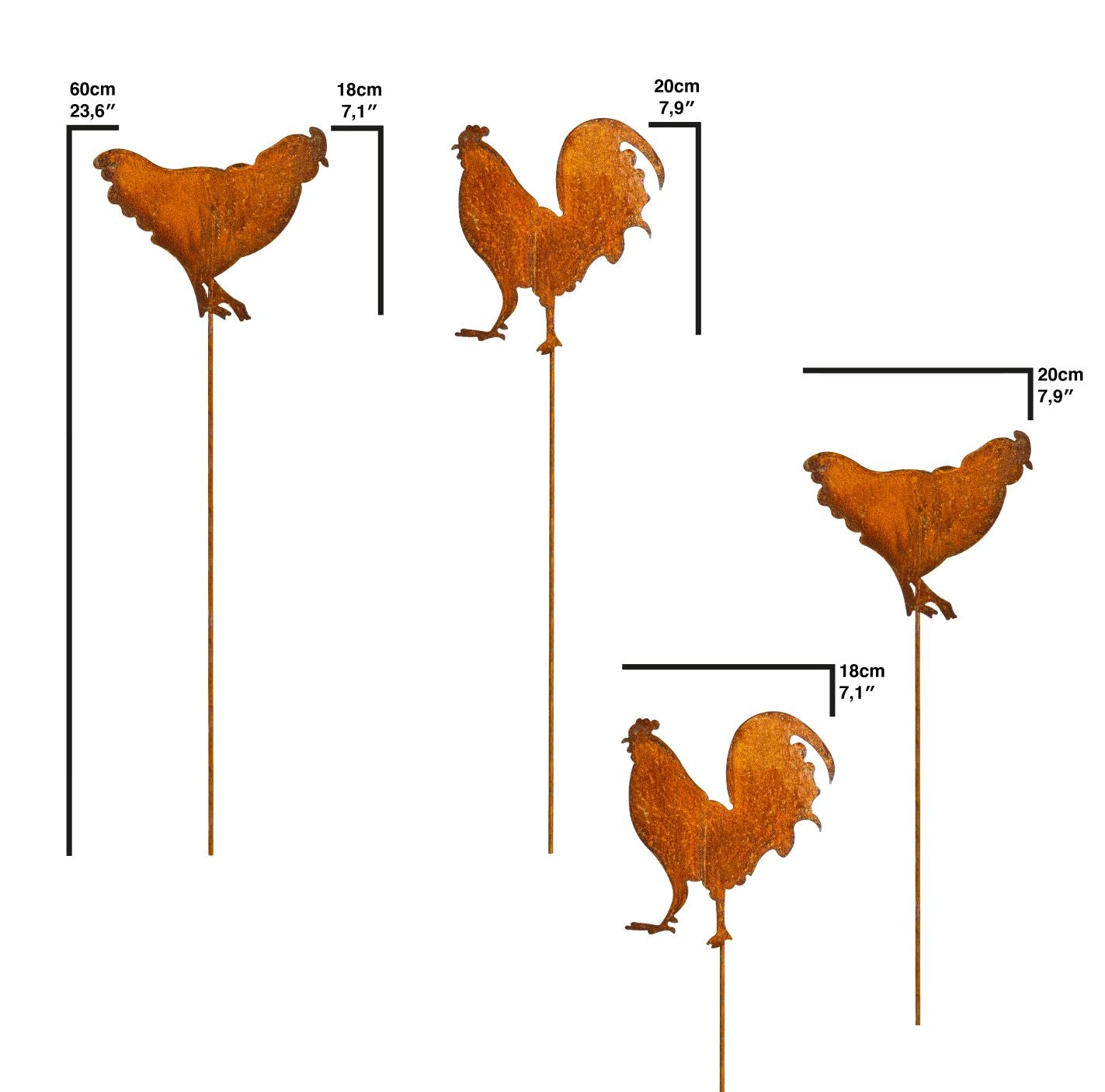 Hühner Deko Figuren für den Garten - Vogel Tiere aus Rost als Blumenstecker